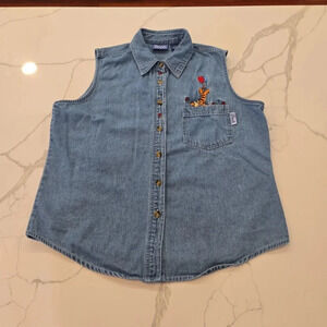 Winnie The Pooh Womens Embroidered Tigger Sleeveless Denim Shirt Size Large